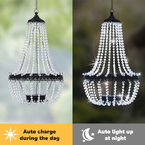 SUNNYPARK Hanging Solar Lantern Outdoor, 28” Modern Clear Crystal Acrylic Chandelier with 30 Cool White Lights S Hook for Garden, Yard, Patio, Gazebo Decorations - Image 4