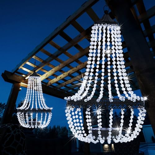 SUNNYPARK Hanging Solar Lantern Outdoor, 28” Modern Clear Crystal Acrylic Chandelier with 30 Cool White Lights S Hook for Garden, Yard, Patio, Gazebo Decorations - Image 1
