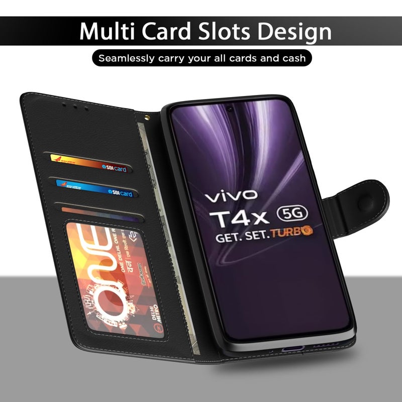 Pikkme غطاء فليب بيكم لفيفو T4x 5G / iQoo Z10x 5G / فيفو Y31 برو 5G بتشطيب جلدي | داخل TPU مع جيوب بطاقات | حامل محفظة ومضاد للصدمات | حماية كاملة غطاء فليب (أسود) - Image 5