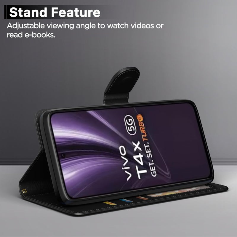 Pikkme غطاء فليب بيكم لفيفو T4x 5G / iQoo Z10x 5G / فيفو Y31 برو 5G بتشطيب جلدي | داخل TPU مع جيوب بطاقات | حامل محفظة ومضاد للصدمات | حماية كاملة غطاء فليب (أسود) - Image 3