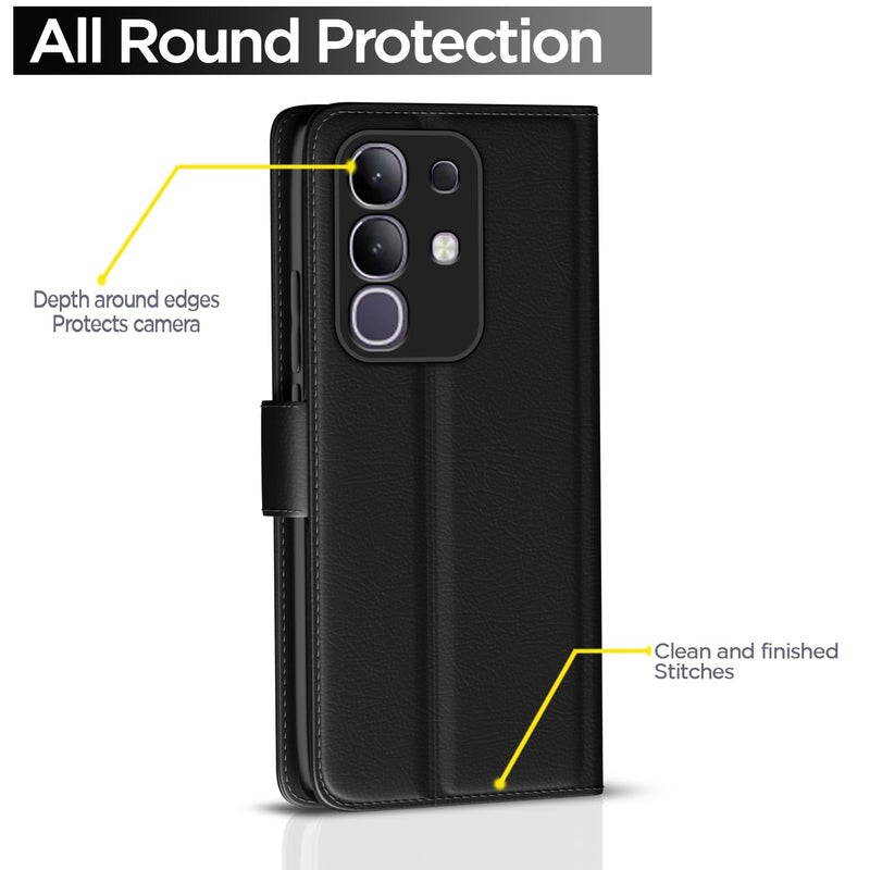 Pikkme غطاء فليب بيكم لفيفو T4x 5G / iQoo Z10x 5G / فيفو Y31 برو 5G بتشطيب جلدي | داخل TPU مع جيوب بطاقات | حامل محفظة ومضاد للصدمات | حماية كاملة غطاء فليب (أسود) - Image 4