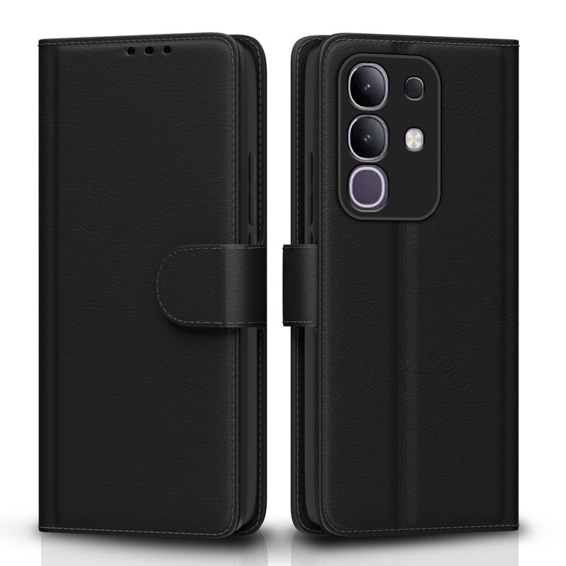 Pikkme غطاء فليب بيكم لفيفو T4x 5G / iQoo Z10x 5G / فيفو Y31 برو 5G بتشطيب جلدي | داخل TPU مع جيوب بطاقات | حامل محفظة ومضاد للصدمات | حماية كاملة غطاء فليب (أسود) - Image 1