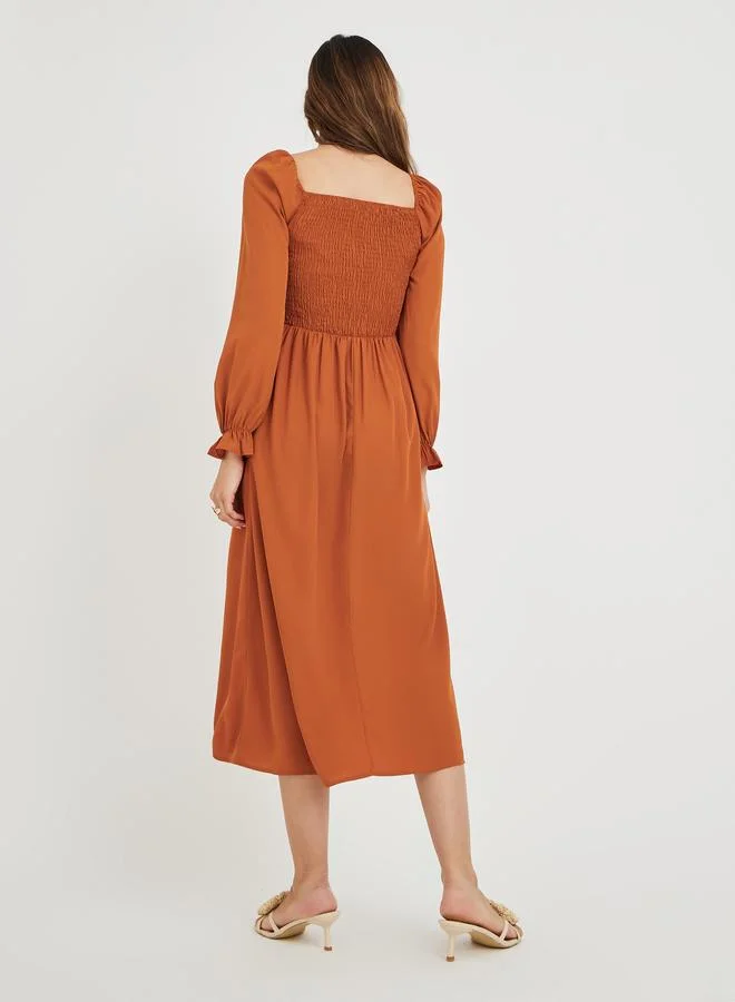 Take Two Take Two Women Rust Solid Square Neck Smocked A-Line Midi Dress