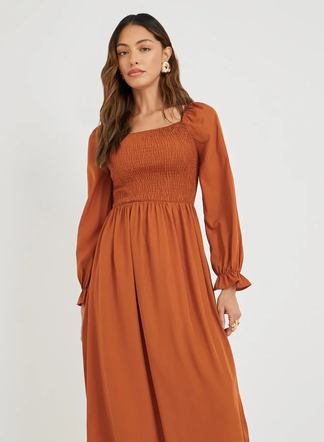 Take Two Take Two Women Rust Solid Square Neck Smocked A-Line Midi Dress