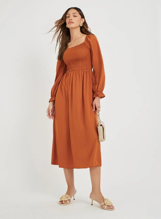 تايك تو Take Two Women Rust Solid Square Neck Smocked A-Line Midi Dress