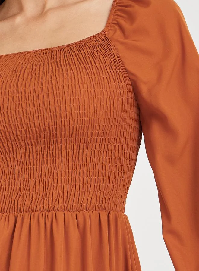 Take Two Take Two Women Rust Solid Square Neck Smocked A-Line Midi Dress
