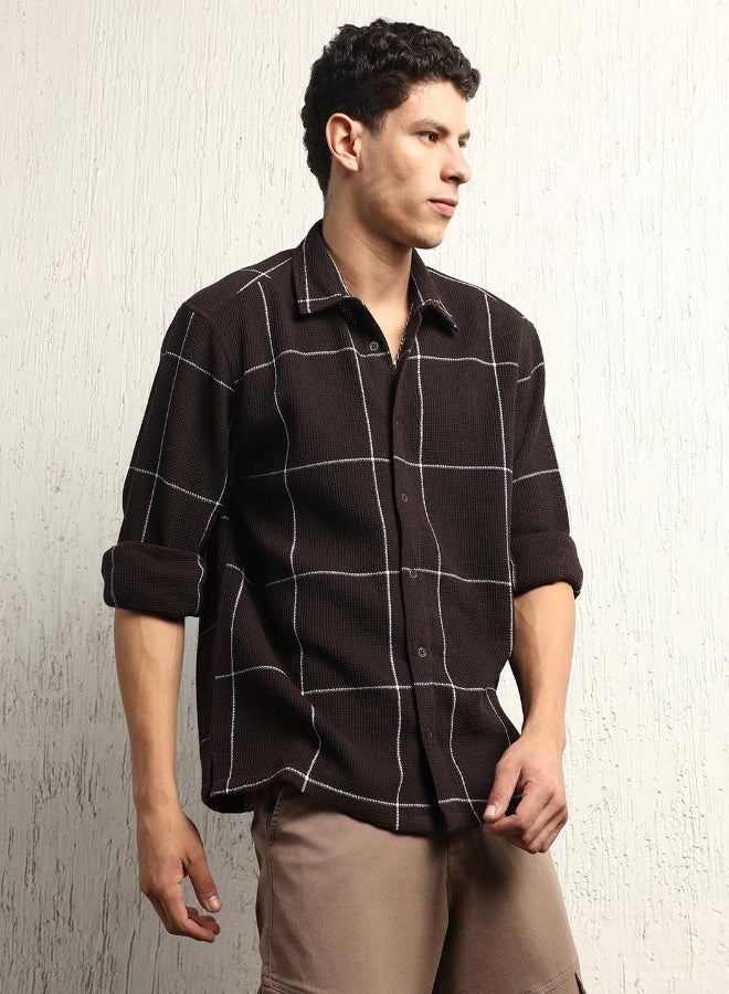 Hubberholme Men's Brown Cotton Blend Checkered Button Down Oversized Shirt - Image 1