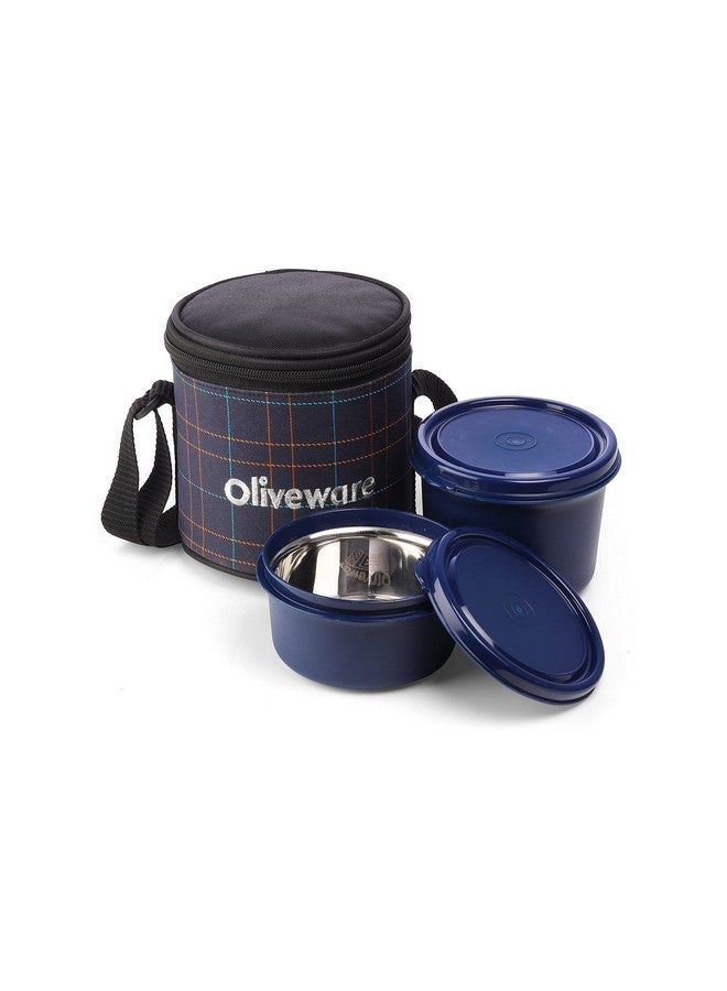 SOPL-OLIVEWARE Oliveware Cleo Lunch Box, Microwave Safe & Leak Proof, 2 Inner Steel Containers with BPA Free Airtight Lids (450ml & 600ml), Fabric Bag (Blue) - Image 1