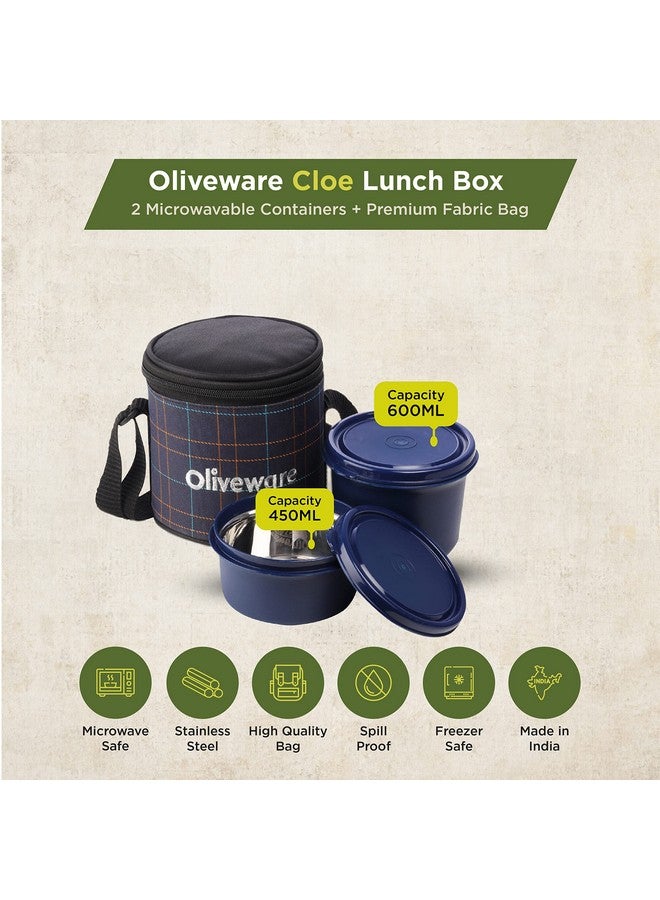 SOPL-OLIVEWARE Oliveware Cleo Lunch Box, Microwave Safe & Leak Proof, 2 Inner Steel Containers with BPA Free Airtight Lids (450ml & 600ml), Fabric Bag (Blue) - Image 2