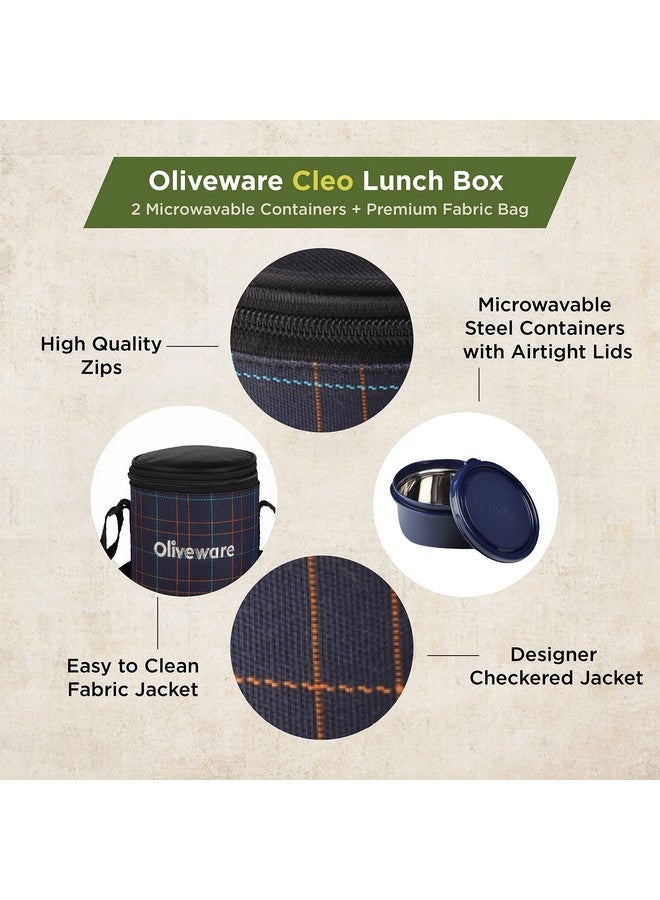 SOPL-OLIVEWARE Oliveware Cleo Lunch Box, Microwave Safe & Leak Proof, 2 Inner Steel Containers with BPA Free Airtight Lids (450ml & 600ml), Fabric Bag (Blue) - Image 3