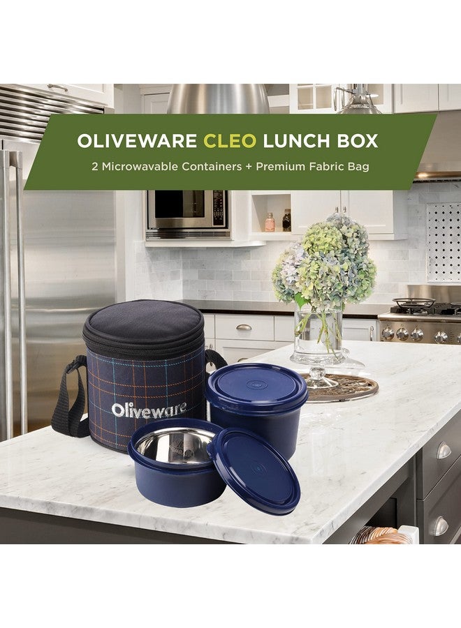 SOPL-OLIVEWARE Oliveware Cleo Lunch Box, Microwave Safe & Leak Proof, 2 Inner Steel Containers with BPA Free Airtight Lids (450ml & 600ml), Fabric Bag (Blue) - Image 4