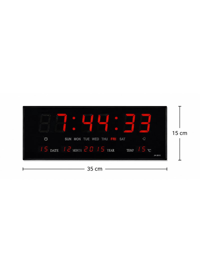 Digital Led Wall Clock, Black, 35 X 15 Cm, Time Date Temperature Display With Alarm - Image 1