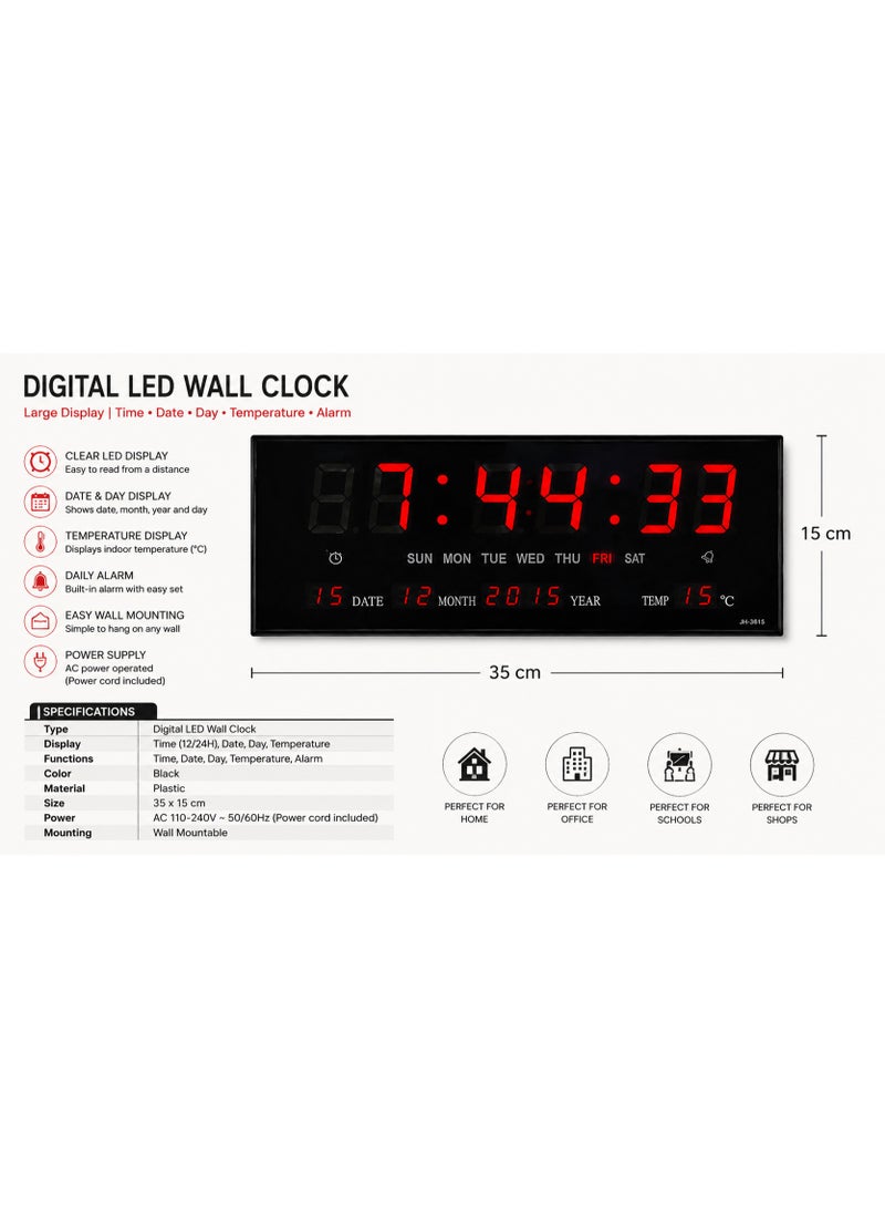 Digital Led Wall Clock, Black, 35 X 15 Cm, Time Date Temperature Display With Alarm - Image 2