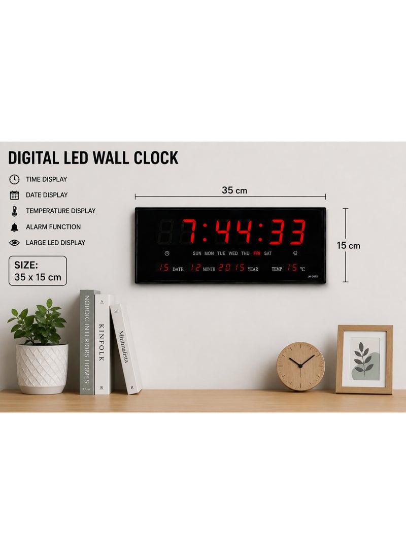 Digital Led Wall Clock, Black, 35 X 15 Cm, Time Date Temperature Display With Alarm - Image 3