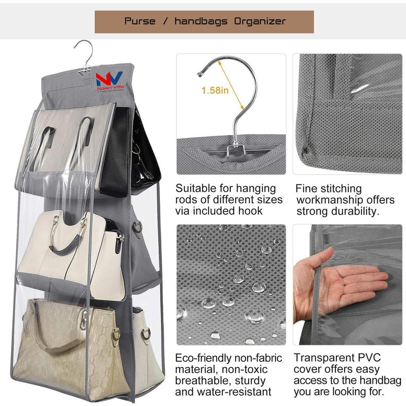 NAARI VILLA NAARI VILLA Dustproof Hanging Handbag Purse Hanger Holder Clutch Organiser for Wardrobe with 6 Pockets BlackGrey NonWoven Light Fabric PVC GREY2  - Image 2