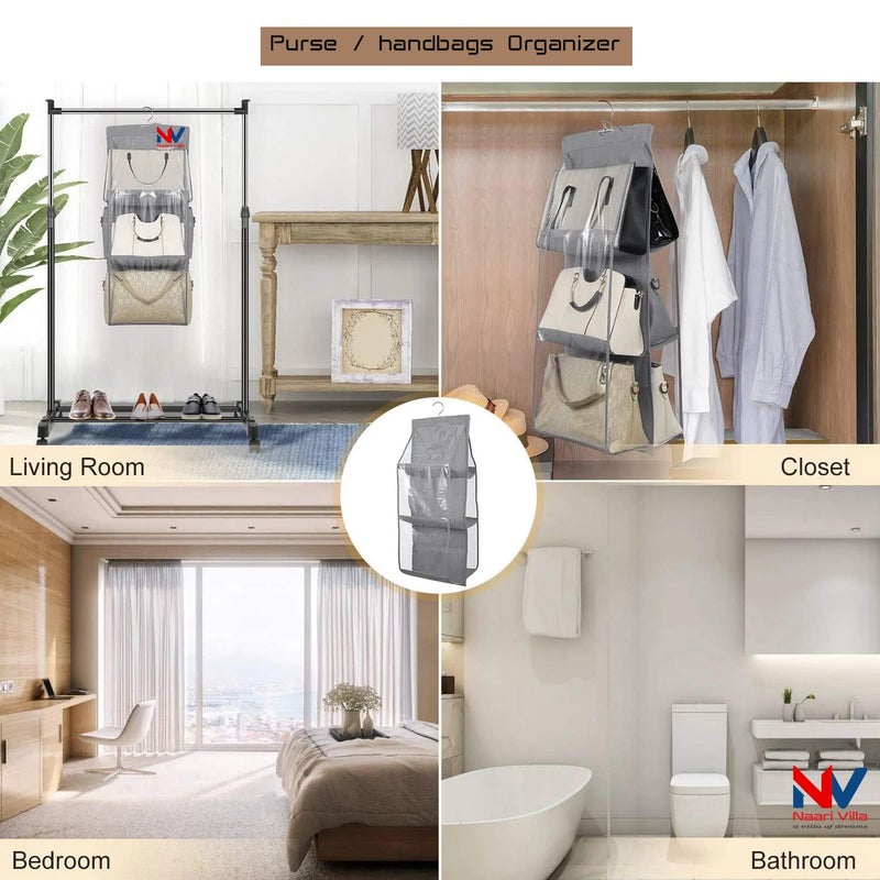 NAARI VILLA NAARI VILLA Dustproof Hanging Handbag Purse Hanger Holder Clutch Organiser for Wardrobe with 6 Pockets BlackGrey NonWoven Light Fabric PVC GREY2  - Image 4