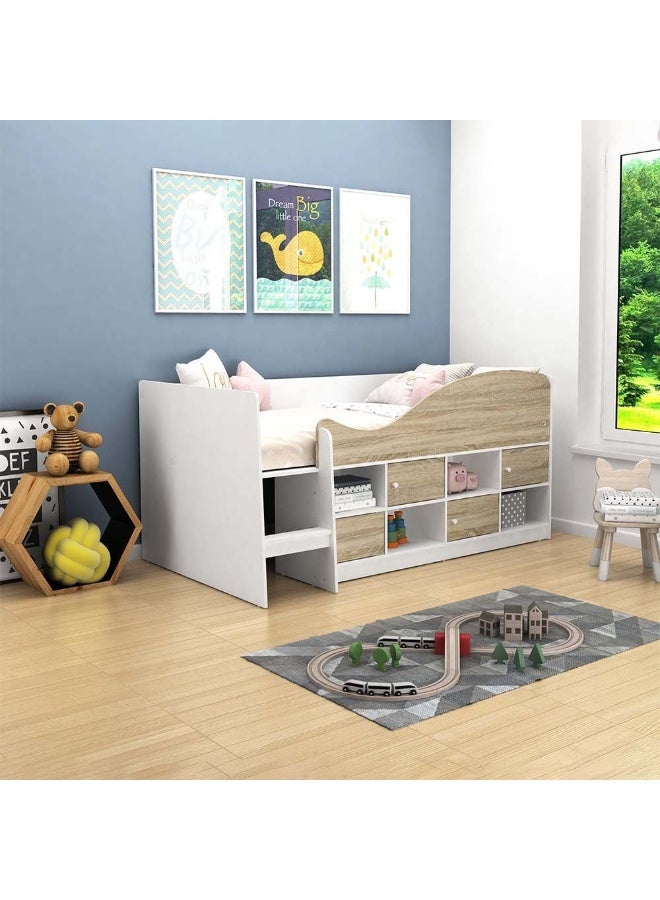 DANUBE HOME Kinder 90X190 Cabin Bed With Storage Comfortable Wooden Bed Strong And Sturdy Modern Design Bed Frame Bedroom Furniture For Kids - White & Sonoma Oak  - Image 2