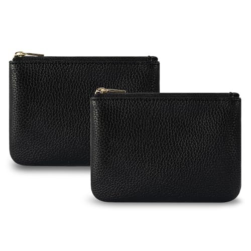 Chelmon PU Leather Coin Purse Pouch Change Holder Small With Zipper for Men Women 2 PCS Set (Black&Black) - Image 1
