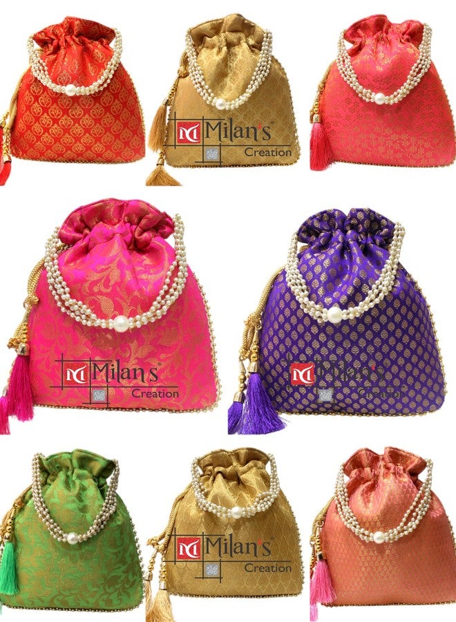 MILAN'S CREATION Combo set of Brocade Potli Bag Purse With Pearl Handle Tassel Women’s Handbag Giveaways Festival (Assorted 5 Potlis) - Image 1