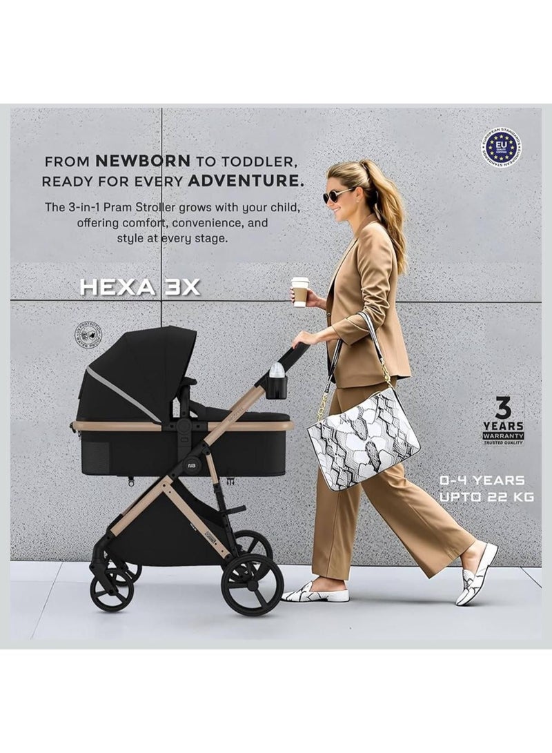 Hexa 3X 3-in-1 Baby Stroller for Newborn to Toddler – Lightweight Foldable Pram with Bassinet & Travel System – Suitable 0-4 Years, Up to 22kg – Premium Design with Cup Holder – EU Certified - Image 2
