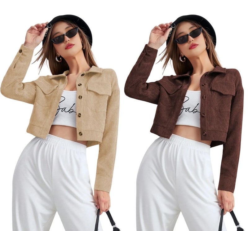 SMOWKLY Women’s Cotton Blend Cropped Jacket with Two Pockets| Casual Button Down Shirt | Stylish Lightweight Outerwear for Women’s | Long Sleeve Jacket for Regular Wear(1684-CRM-L/1684-BRN-L) - Image 1