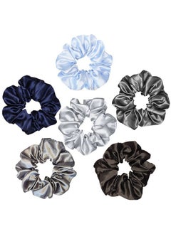 Sufermoe 6 Pcs Satin Silk Scrunchies - Soft Hair Ties, Fashion Hair Bands, Bows, Elastic Bracelets, and Ponytail Holders for Women and Girls (4.5 Inch, Blue and Gray)  - Image 4