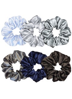 Sufermoe 6 Pcs Satin Silk Scrunchies - Soft Hair Ties, Fashion Hair Bands, Bows, Elastic Bracelets, and Ponytail Holders for Women and Girls (4.5 Inch, Blue and Gray)  - Image 1