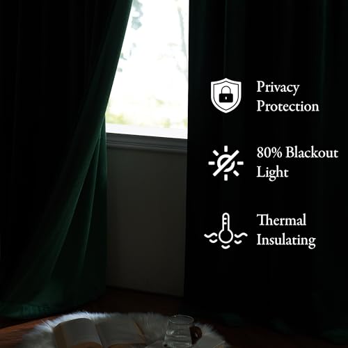KGORGE Velvet Blackout Curtains 84 inches Luxury Soundproof Room Darkening Thermal Insulated Dark Green Velvet Curtains for Living Room French Door, Rod Pocket, Set of 2, W52 x L84, Hunter Green - Image 3