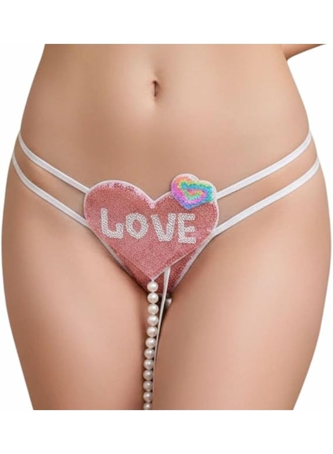 Sexy women's slip with a heart design, embellished with sequins and pearls, pink, one size, with double straps, romantic lingerie for special occasions. - Image 1
