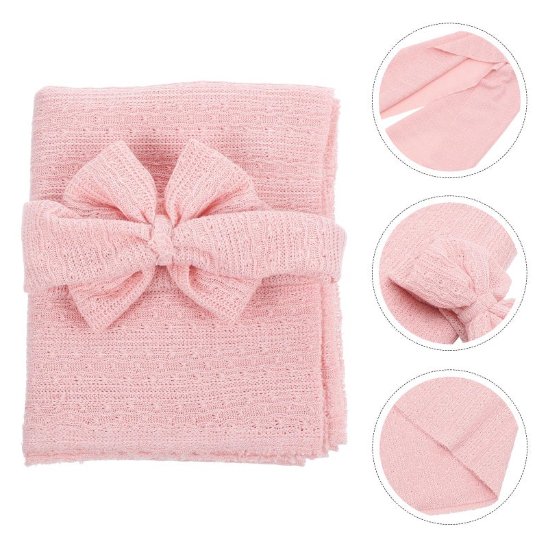Pink Swaddle Receiving Blanket Set 2pcs Soft Lightweight Wrap With Bow Headband - Image 5