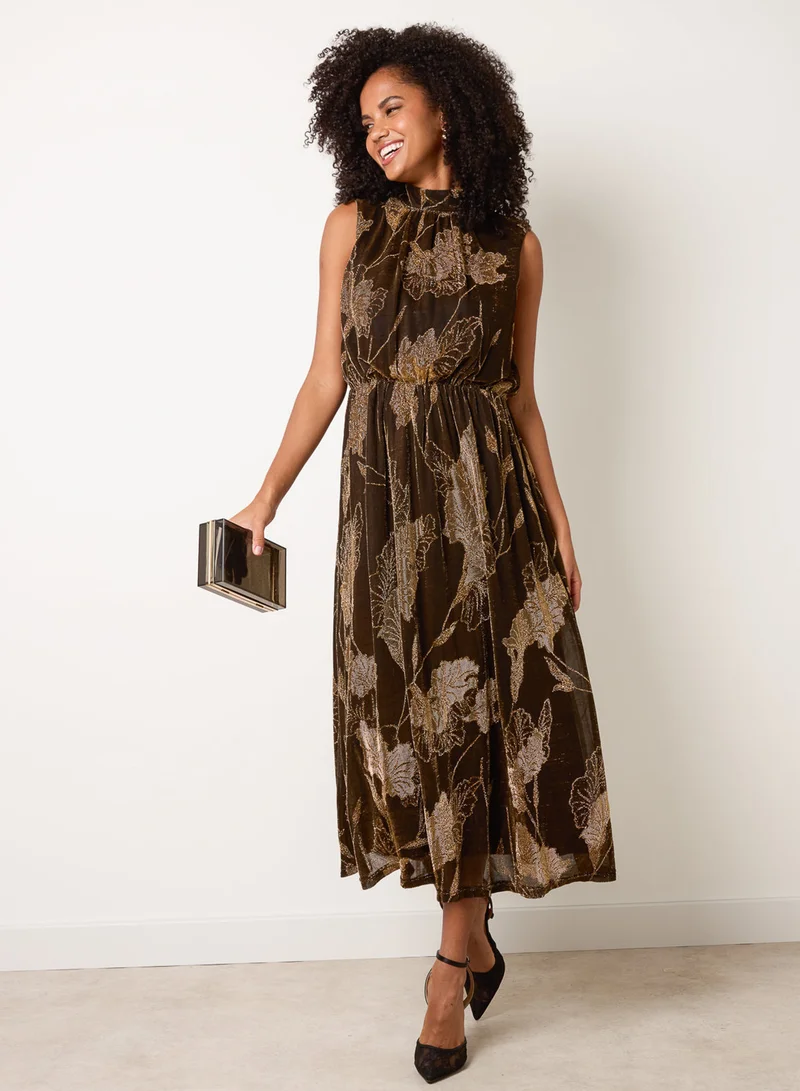 High Neck Jacquard Midi Dress
