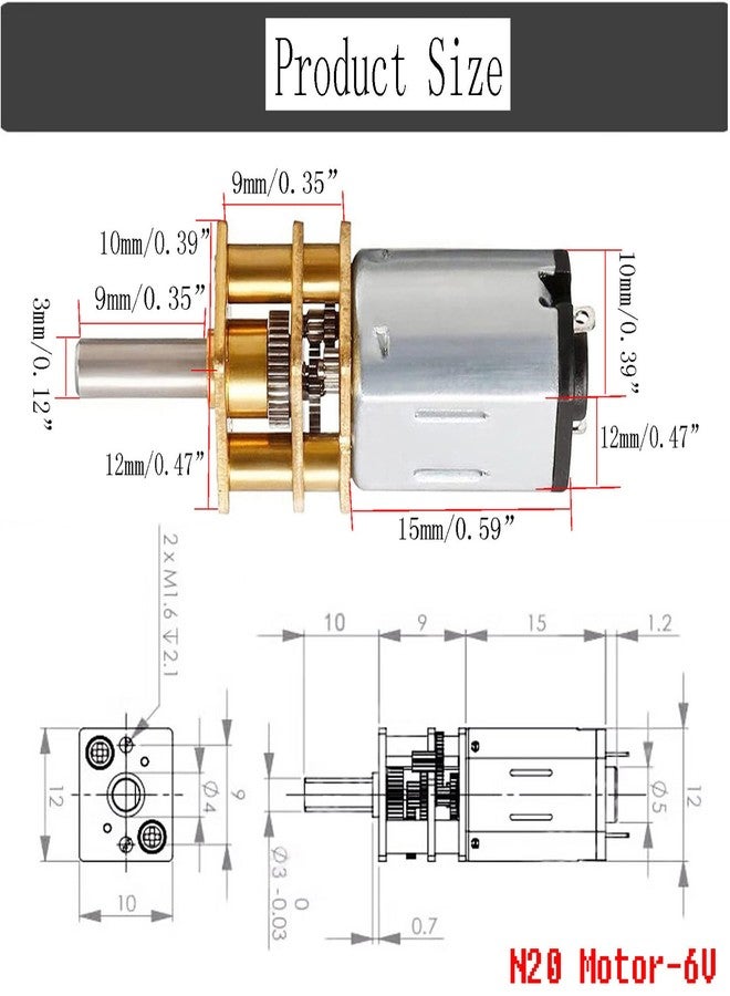 priaolker 6V 200RPM Micro DC Gear Motor with All-Metal Gear Box Motor GA12-N20 3mm Shaft High Torque Gear Motor, Suitable for Robot Models, Reinforced Concrete Cars, DIY RC Toys - (2 pcs) - Image 2