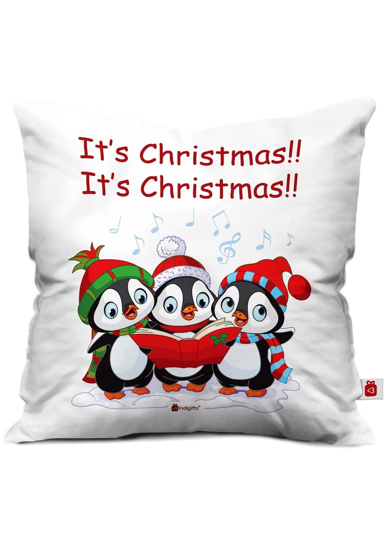 Indigifts Indigifts Singing Penguins Print White Cushion Cover 12x12 with Filler ( Xmas, Him, Boy, Girl, Dad, Mom, Friends, Family ) - Christmas Decorations  - Image 1