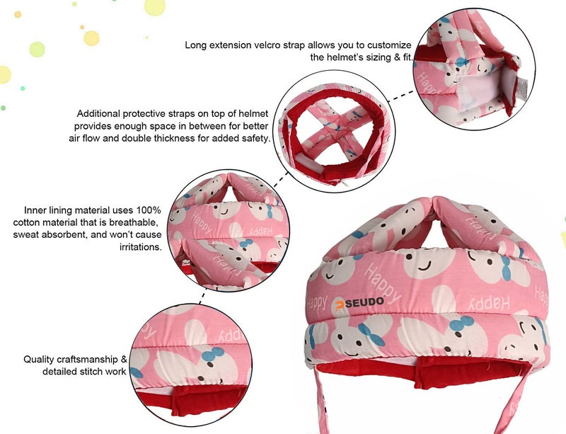 PSEUDO Baby Toddlers Kids Child Head Back Safety Protector Pad Cushion Pillow with Straps (Happy Pink) - Image 2