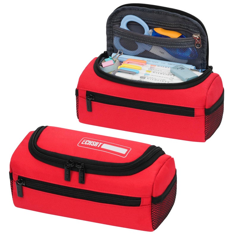 ECHSRT Jumbo Pencil Case Organizer for Men Women Extra Large Capacity Pencil Pouch Sturdy Portable Storage Bag for Office Travel Supplies Red