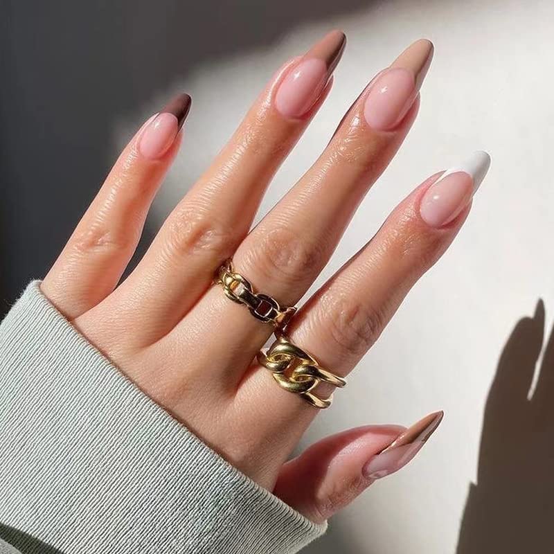 Gush Beauty Press On Nails | Reusable Extensions | Artificial Nails Set | Long Lasting Design | Glue Tabs and nail glue included | Pack of 24 Nails | For women (Shades Of Brown- Medium Almond) - Image 1