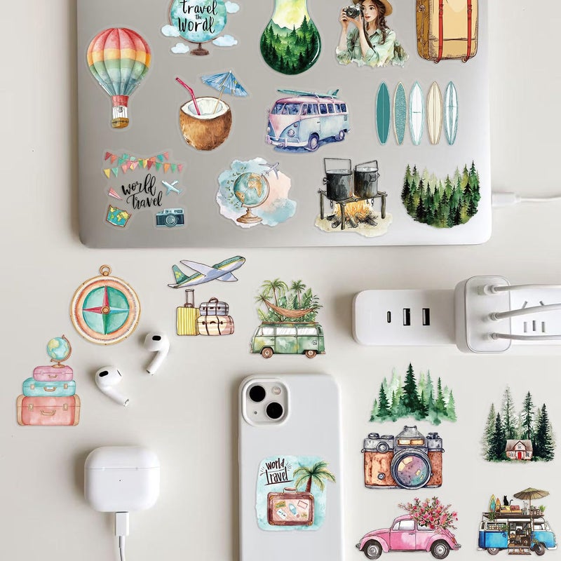 PIGBIT 50PCS Vintage Watercolor Travel Stickers â€“ Retro Vacation Clear Aesthetic Outdoor Adventure Stickers for Scrapbooking, Journaling, Luggage, Travel Decor - Image 2