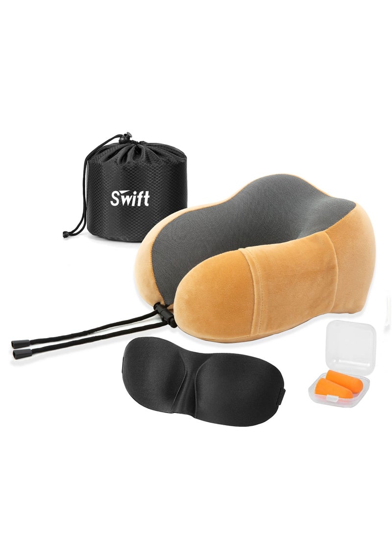 Swift - Travel Pillow, Memory Foam, Airplane Neck Pillow with 3D Contoured Eye Masks, Earplugs and Storage Bag for Sleeping Rest, Orange - Image 1