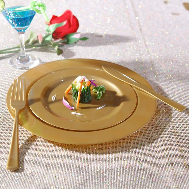 I00000 102 Pieces Solid Gold Disposable Plates  Gold Plastic Plates Premium Plastic Party Plates Includes: 51 Dinner Plate 10.25 Inch and 51 Salad/Dessert Plate 7.5 Inch for Wedding & Party - Image 4