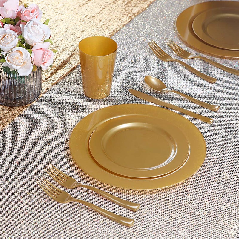 I00000 102 Pieces Solid Gold Disposable Plates  Gold Plastic Plates Premium Plastic Party Plates Includes: 51 Dinner Plate 10.25 Inch and 51 Salad/Dessert Plate 7.5 Inch for Wedding & Party - Image 5