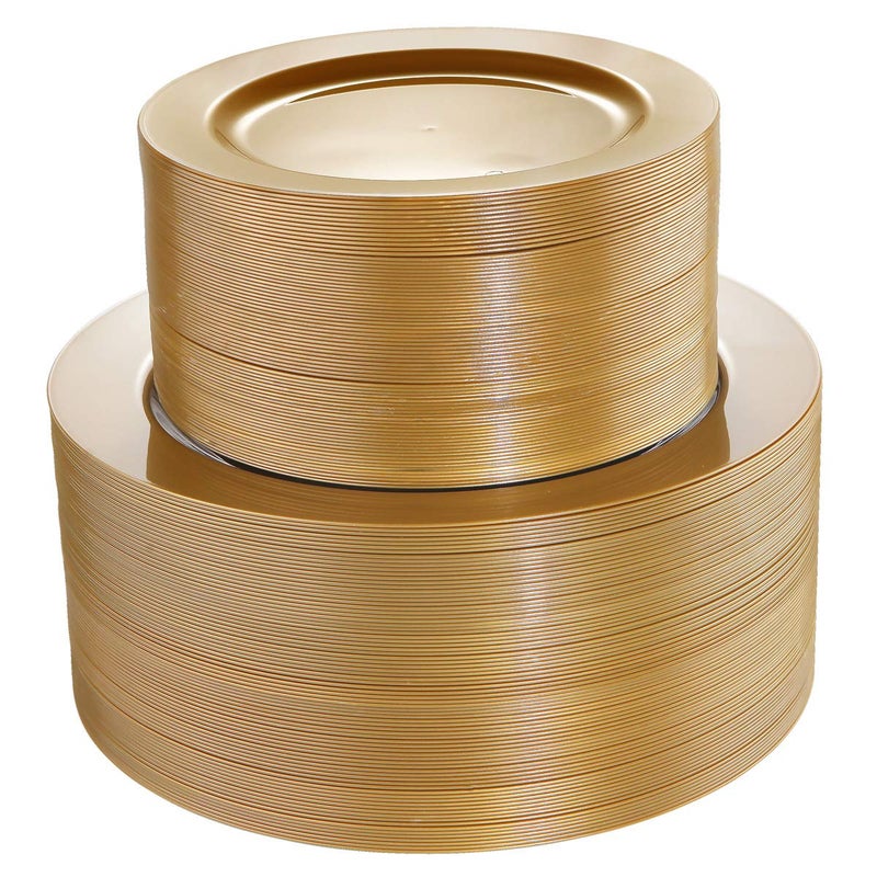 I00000 102 Pieces Solid Gold Disposable Plates  Gold Plastic Plates Premium Plastic Party Plates Includes: 51 Dinner Plate 10.25 Inch and 51 Salad/Dessert Plate 7.5 Inch for Wedding & Party - Image 1