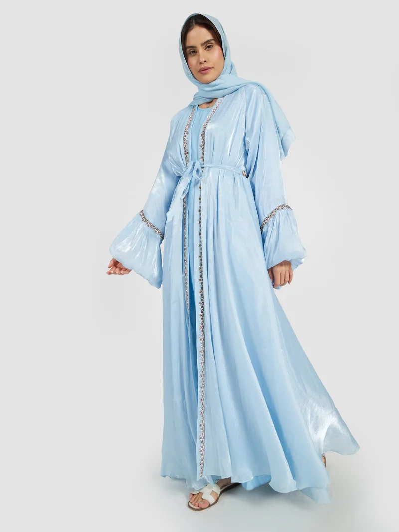 Reem Abayas Sky Blue Shimmer Abaya Set with Beaded Bell Sleeves and Belt