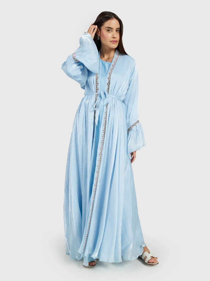 Reem Abayas Sky Blue Shimmer Abaya Set with Beaded Bell Sleeves and Belt