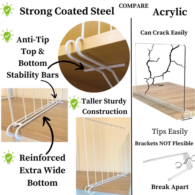 Evelots Shelf Dividers for Wood Shelf, 8 Pack Closet Organizers and Storage for Clothes, Purse, Pantry - No Crack Solid Steel Construction-12 Inch Tall Shelf Organizer -Stable Reinforced Wide Bottom - Image 5