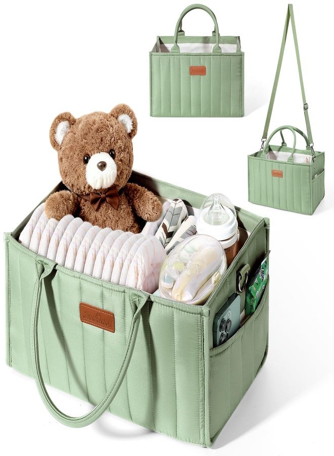 Zooawa Baby Diaper Caddy Organizer, Portable Nursery Storage Basket with Compartments, Handle & Shoulder Strap for Newborn Baby Essentials, Gift for Baby Shower, Nursery, Travel, Car, Matcha Green - Image 1