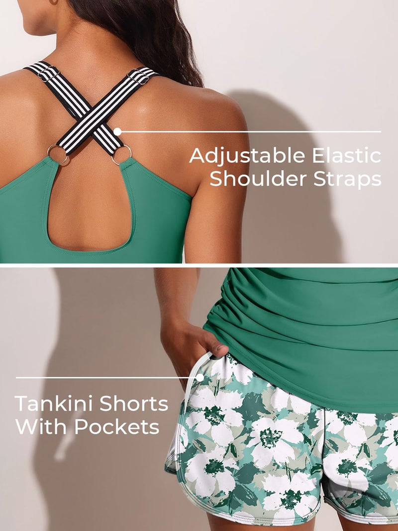 Summer Mae Modest Tankini Swimsuits for Women 2026 Two Piece Bathing Suits with Sporty Pockets Boy Shorts for Tummy Control Solitary Silhouette Bloom Size 10 - Image 4