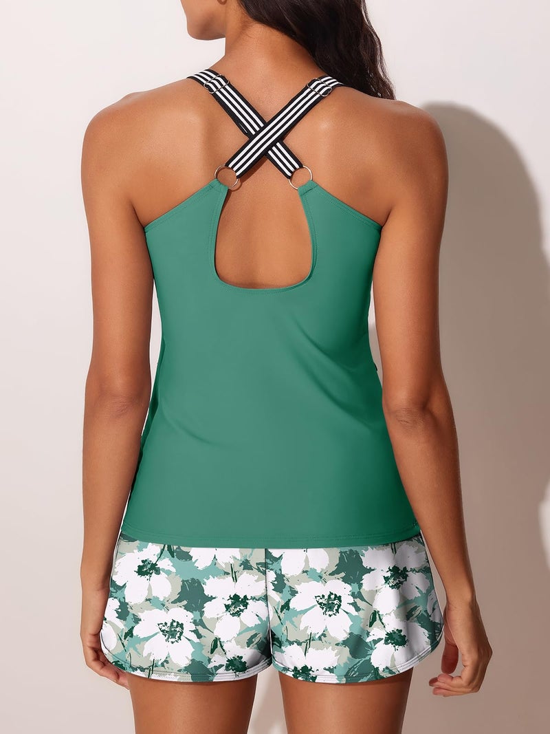Summer Mae Modest Tankini Swimsuits for Women 2026 Two Piece Bathing Suits with Sporty Pockets Boy Shorts for Tummy Control Solitary Silhouette Bloom Size 10 - Image 2