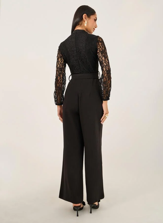 Styli Lace Insert Wide Leg Jumpsuit with Waist Tie-Up Detail