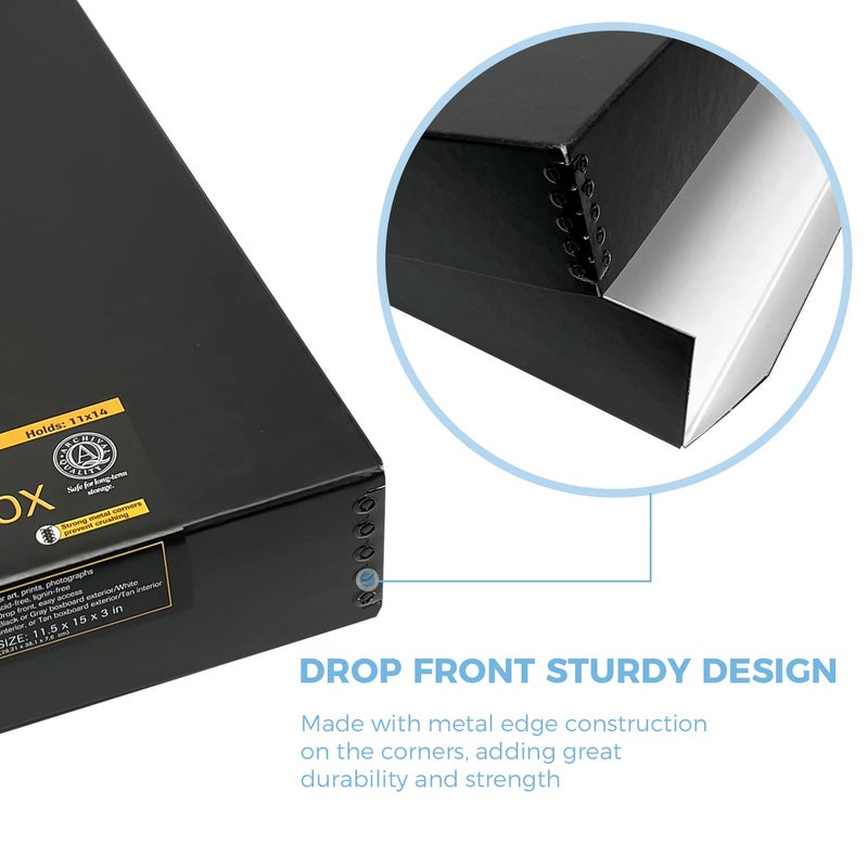 Lineco 11x14 Black Museum Archival Storage Box, Drop Front Design, 11 1/2 x 15 x 3 in. Acid-Free with Metal Edge. Preserves Picture Longevity, Organize Photos or Documents, Crafts, DIY. - Image 4