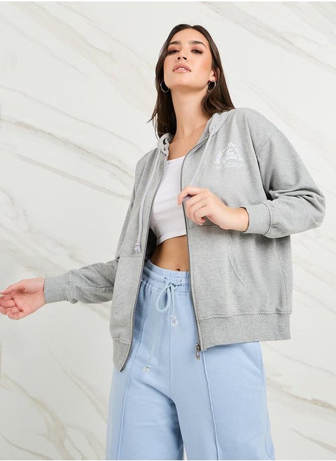 Oversized Zip Through Slogan Hoodie